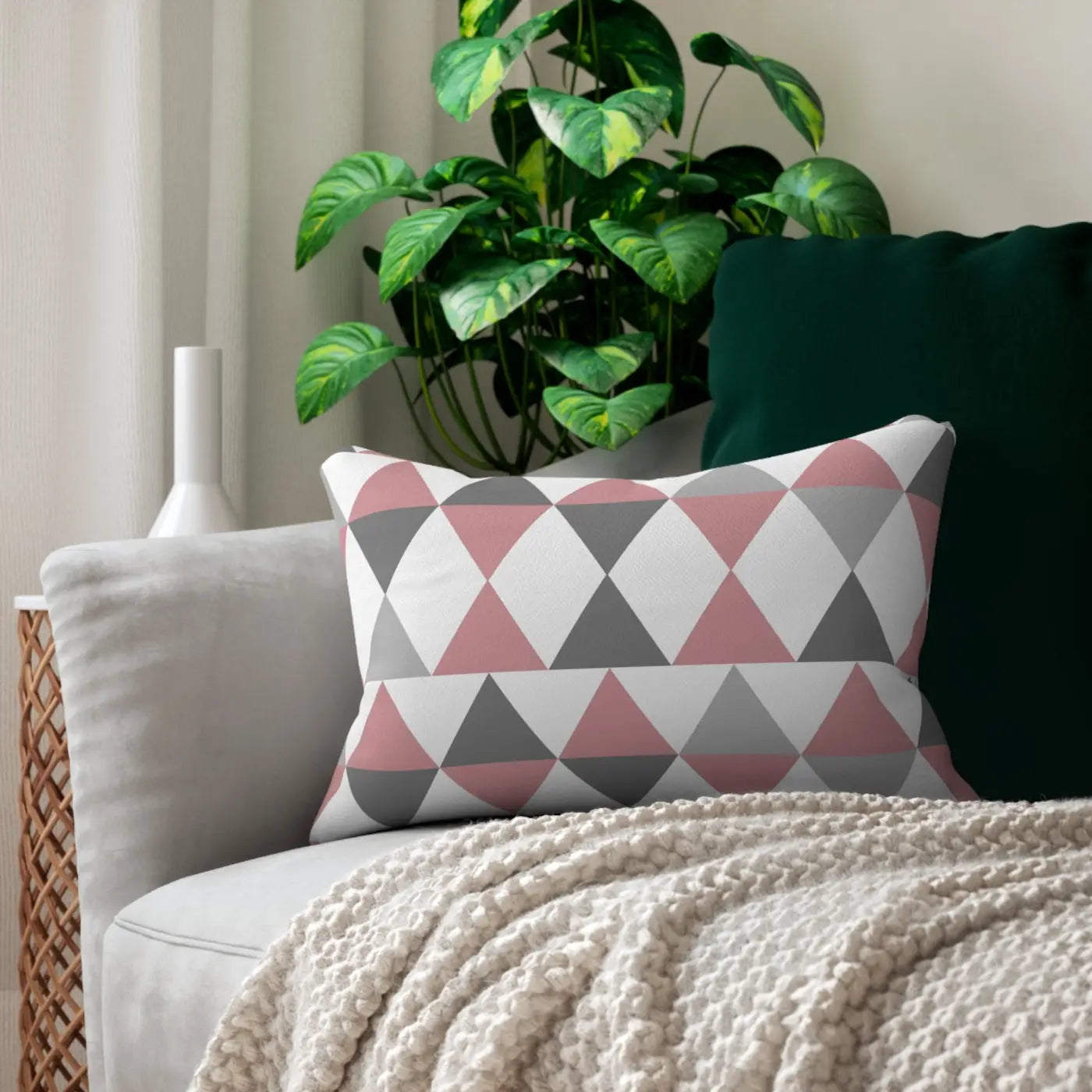 Pink and Grey Triangles Lumbar Pillow - Spun Polyester - DipaliZ
