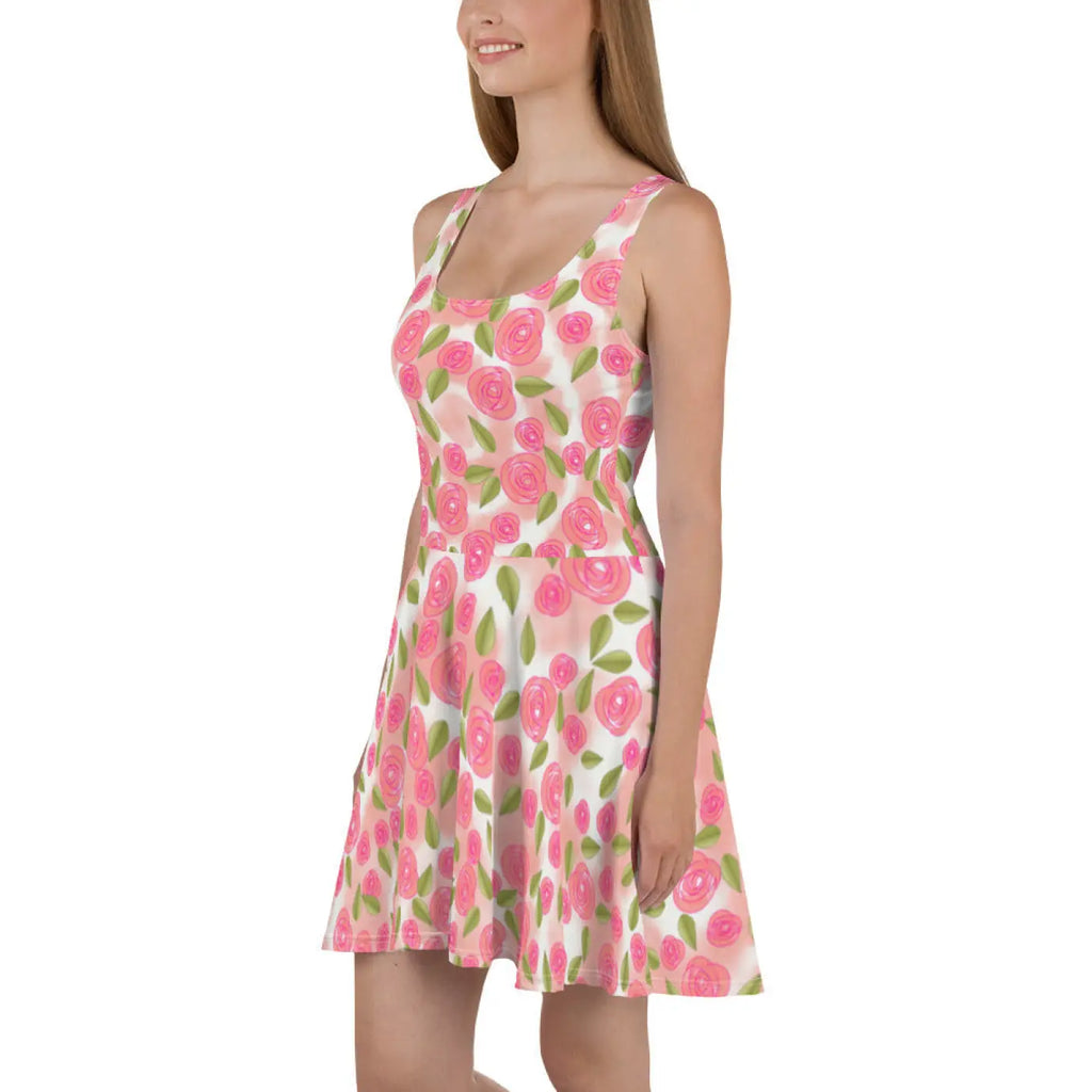 Pink Roses Skater Dress - Flared Skirt Eco Fashion - DipaliZ