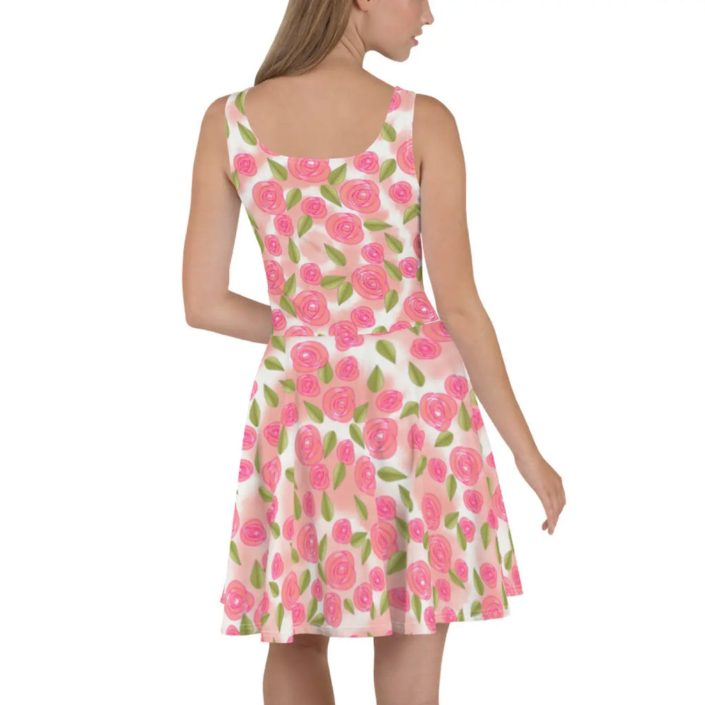 Pink Roses Skater Dress - Flared Skirt Eco Fashion - DipaliZ