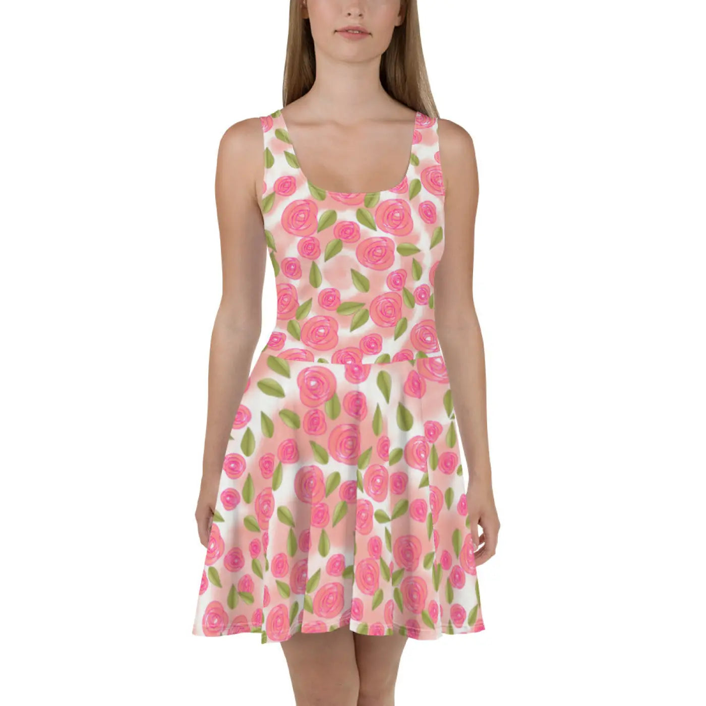 Pink Roses Skater Dress - Flared Skirt Eco Fashion - DipaliZ