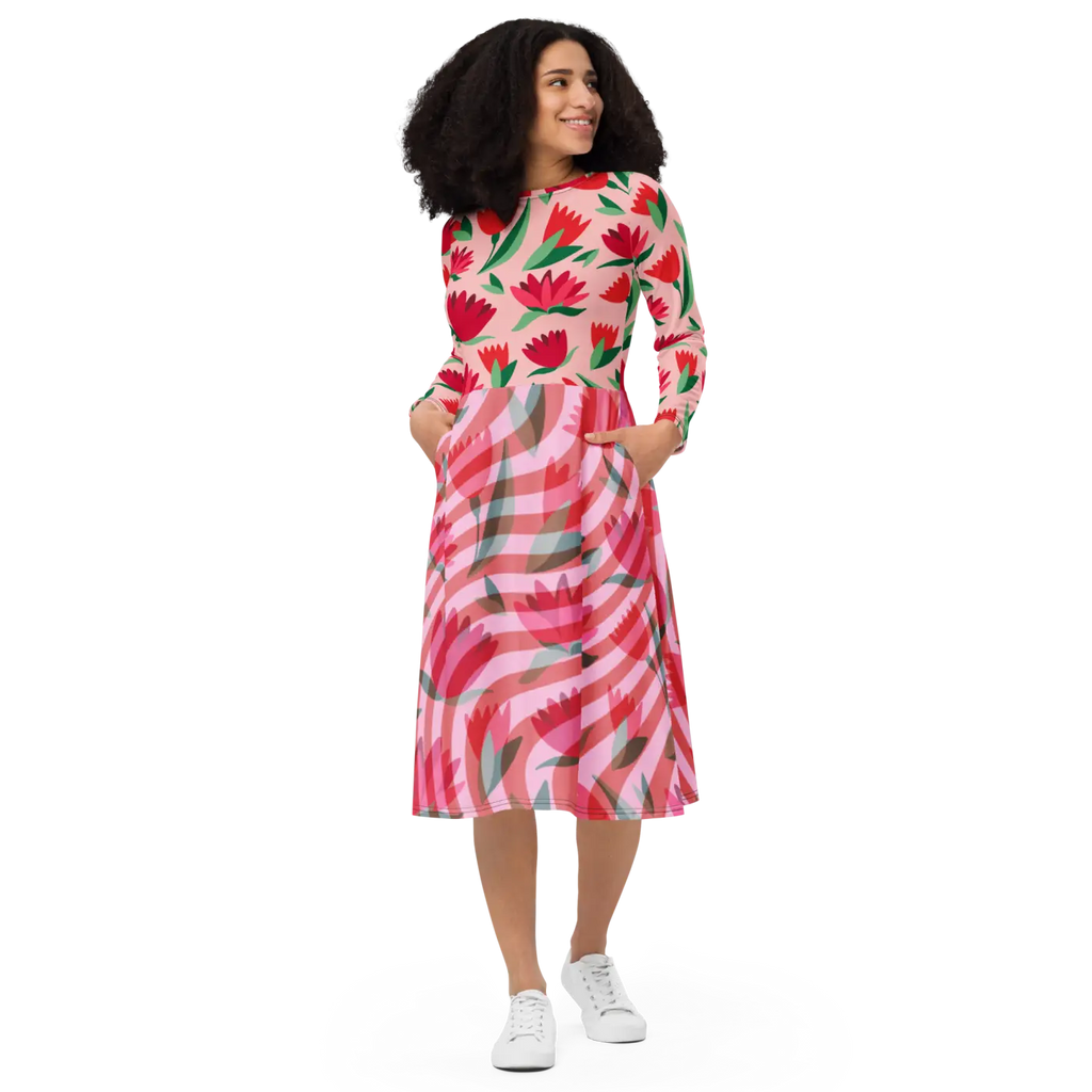 Red Flower Long Sleeve Midi Dress - Bold Print - DipaliZ