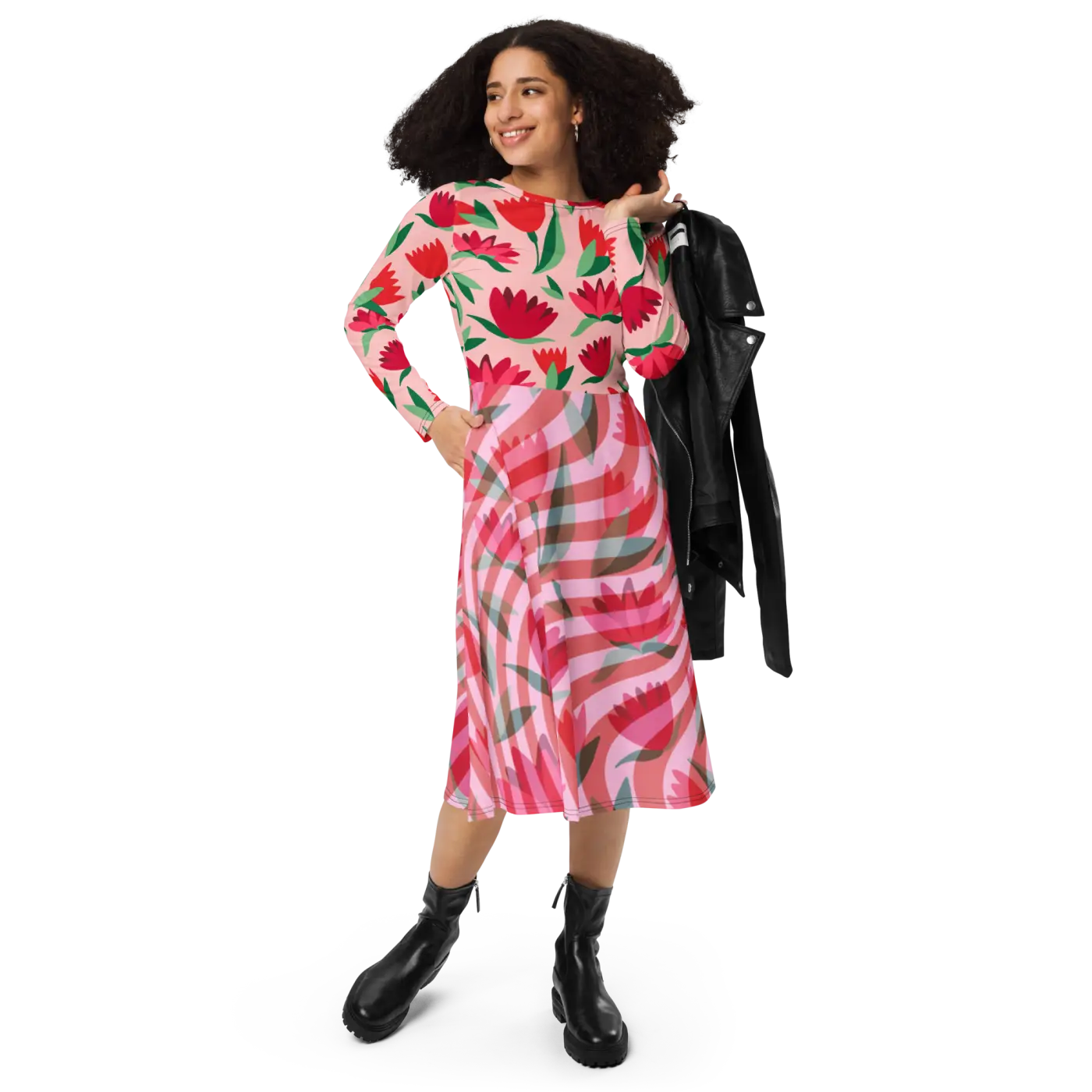 Red Flower Long Sleeve Midi Dress - Bold Print - DipaliZ