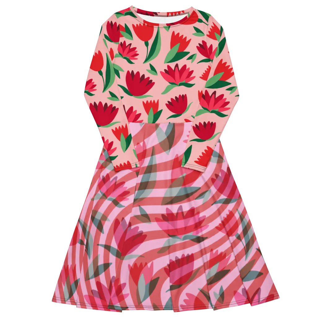 Red Flower Long Sleeve Midi Dress - Bold Print - DipaliZ