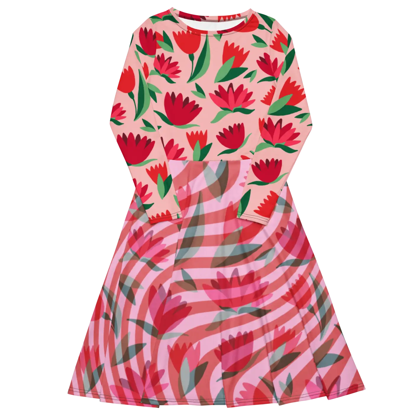 Red Flower Long Sleeve Midi Dress - Bold Print - DipaliZ