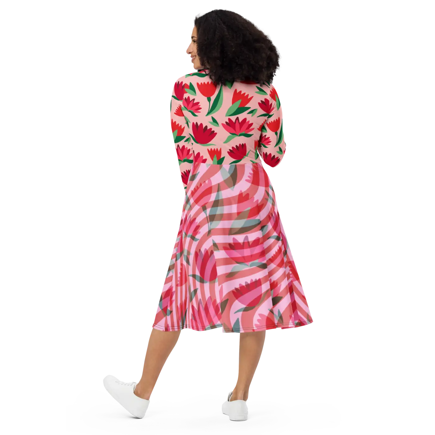 Red Flower Long Sleeve Midi Dress - Bold Print - DipaliZ