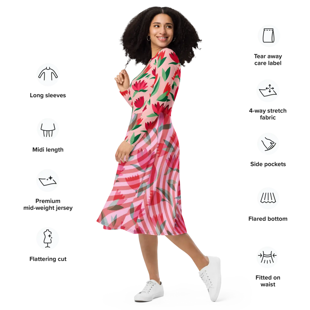 Red Flower Long Sleeve Midi Dress - Bold Print - DipaliZ