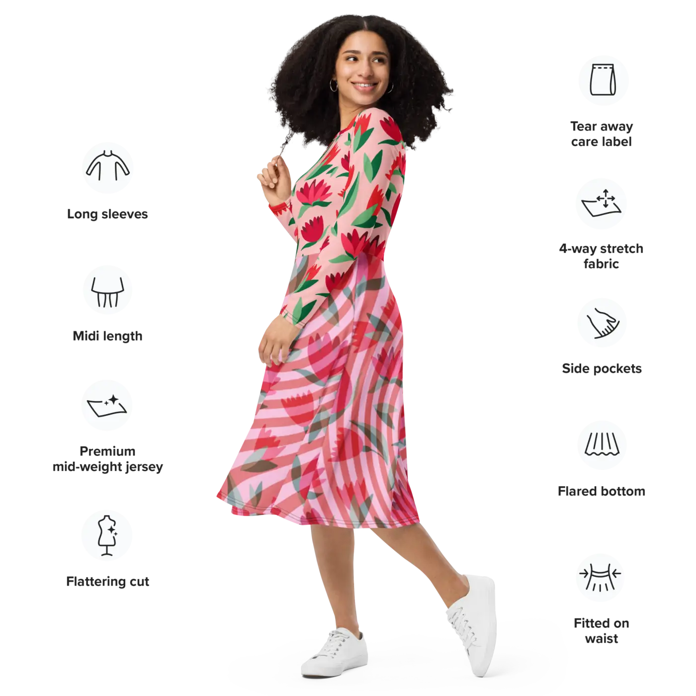 Red Flower Long Sleeve Midi Dress - Bold Print - DipaliZ