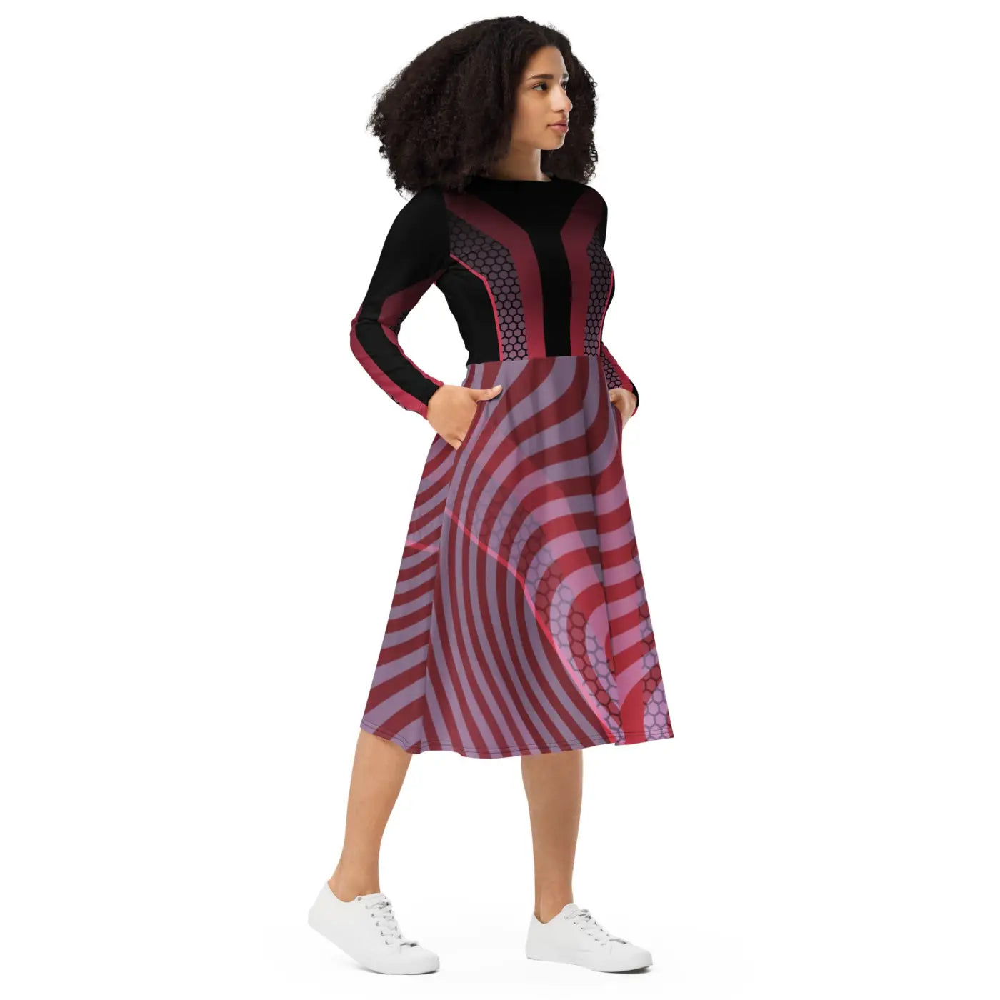Print Long Sleeve Midi Dress - Statement Style - DipaliZ