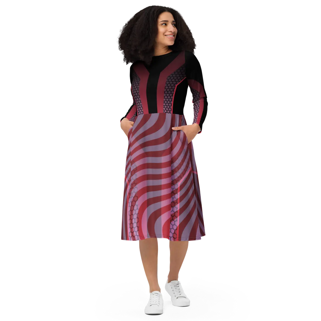 Print Long Sleeve Midi Dress - Statement Style - DipaliZ