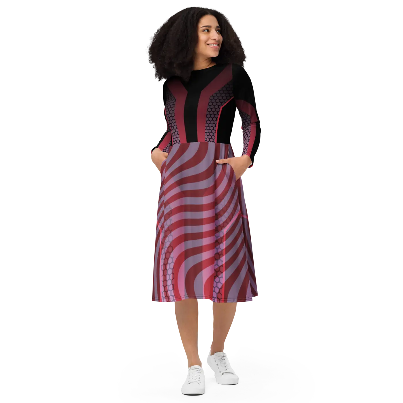 Print Long Sleeve Midi Dress - Statement Style - DipaliZ