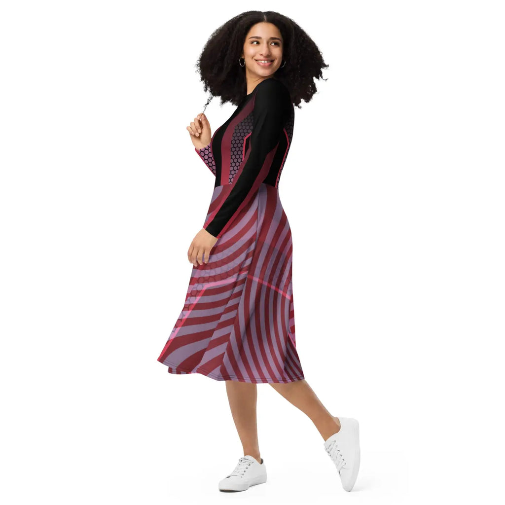 Print Long Sleeve Midi Dress - Statement Style - DipaliZ