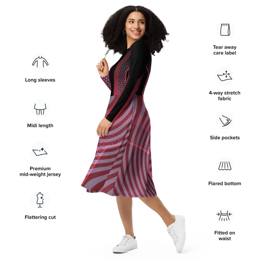 Print Long Sleeve Midi Dress - Statement Style - DipaliZ