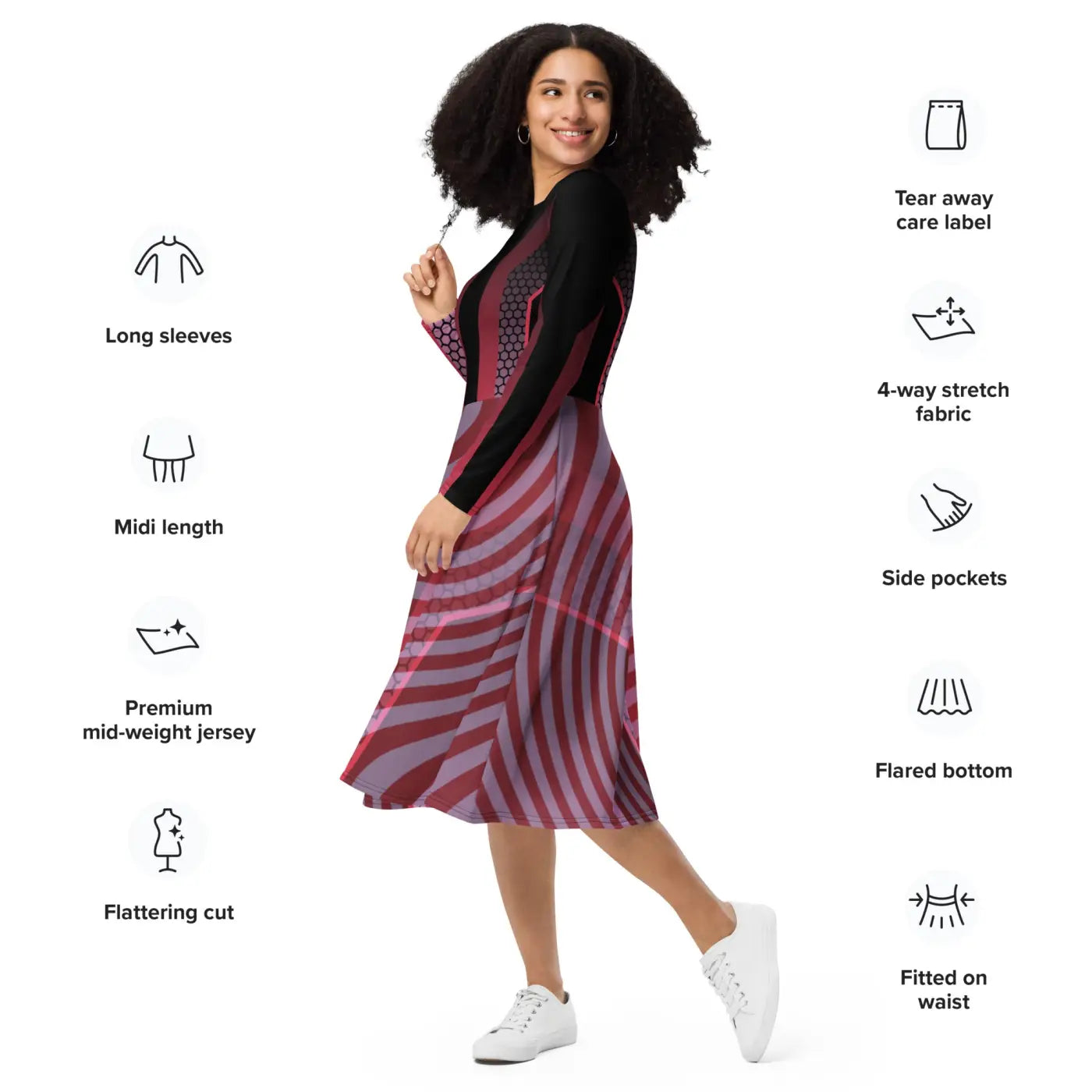 Print Long Sleeve Midi Dress - Statement Style - DipaliZ