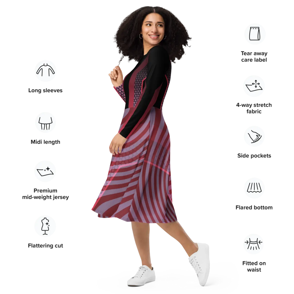 Print Long Sleeve Midi Dress - Statement Style - DipaliZ