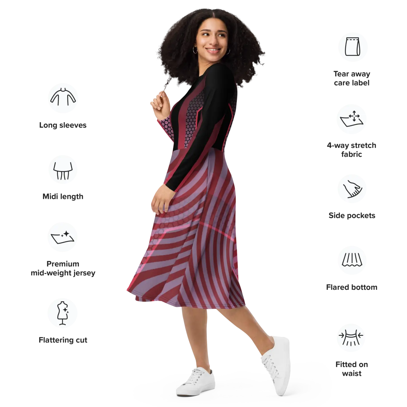 Print Long Sleeve Midi Dress - Statement Style - DipaliZ