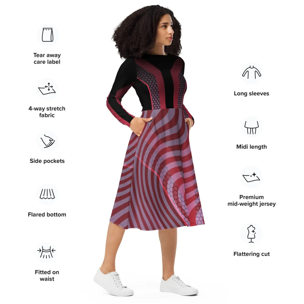 Print Long Sleeve Midi Dress - Statement Style - DipaliZ