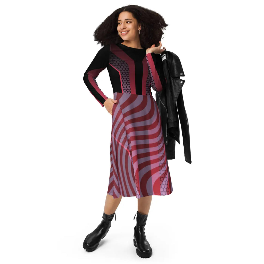 Print Long Sleeve Midi Dress - Statement Style - DipaliZ