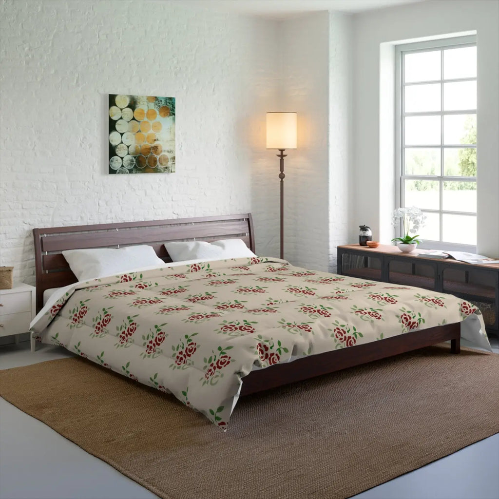 Roses On Beige Comforter - Cozy Fluffy Bedding - DipaliZ