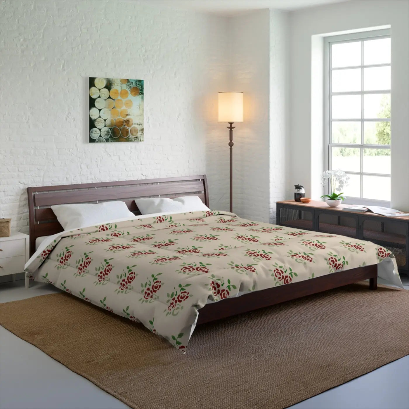 Roses On Beige Comforter - Cozy Fluffy Bedding - DipaliZ