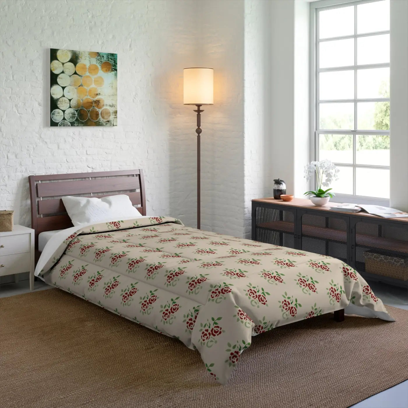 Roses On Beige Comforter - Cozy Fluffy Bedding - DipaliZ