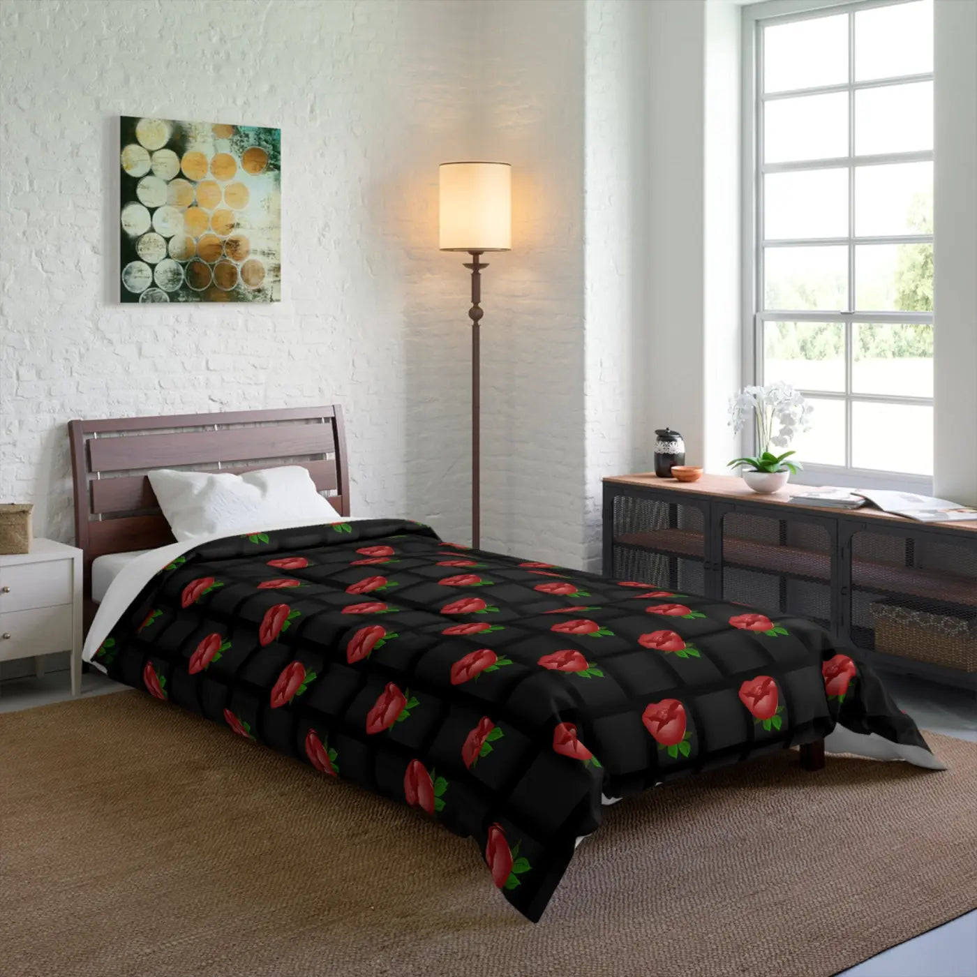 Black Comforter - Rose Weaved Background Design - DipaliZ