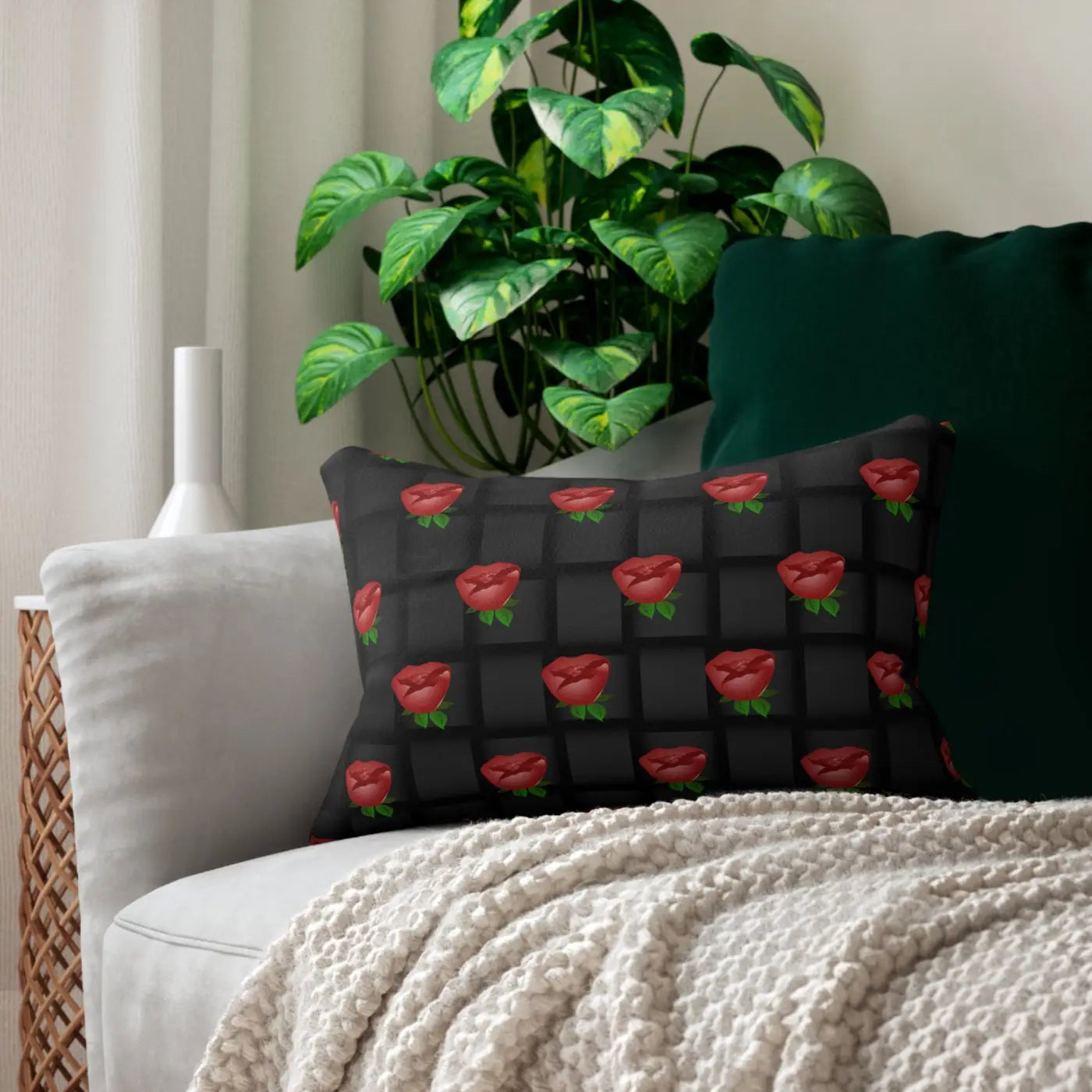 Roses Spun Polyester Lumbar Pillow - Black Weave Design - DipaliZ