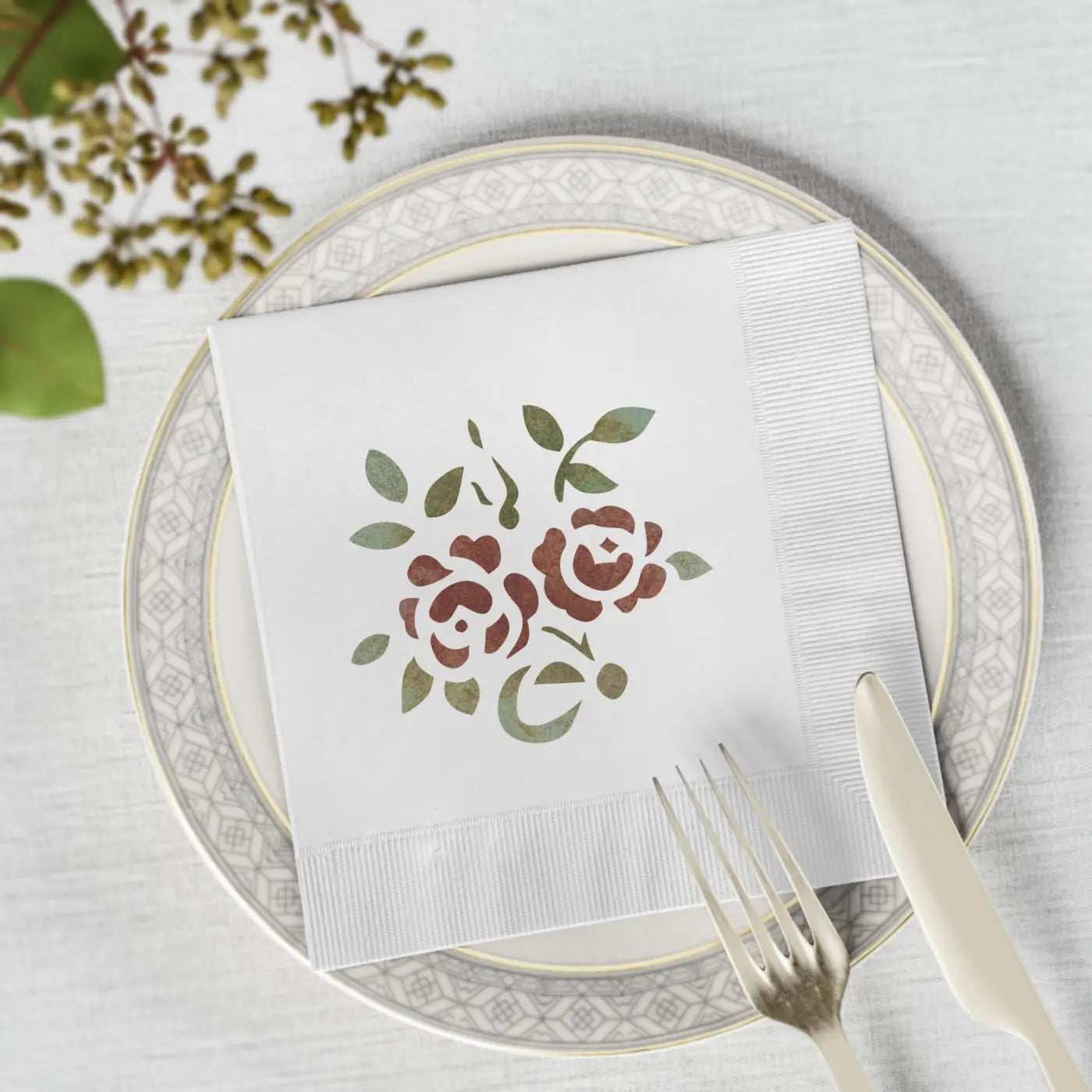 Roses, White Coined Napkins