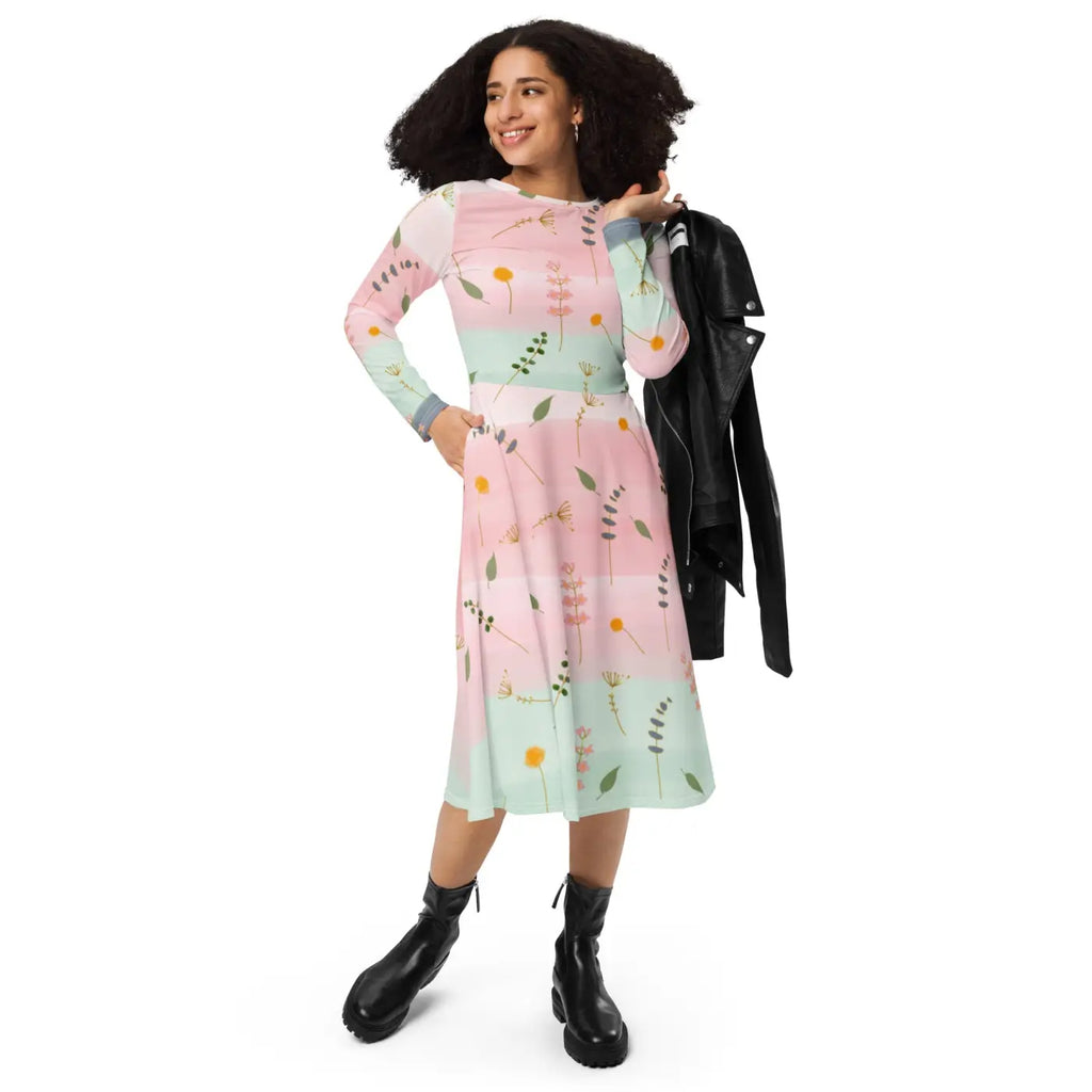 Pink and Green Floral Dress - Long Sleeve Midi Style - DipaliZ
