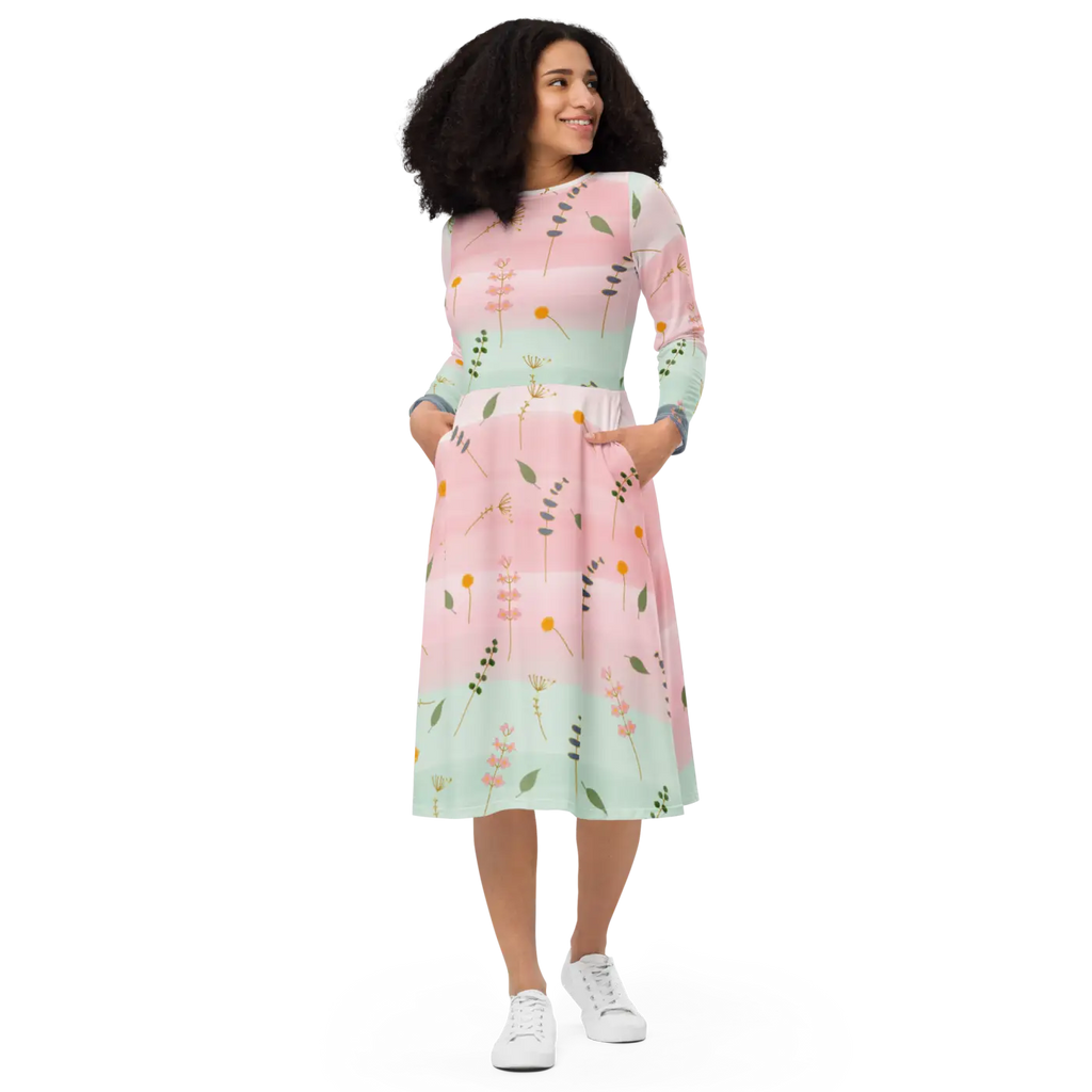 Pink and Green Floral Dress - Long Sleeve Midi Style - DipaliZ