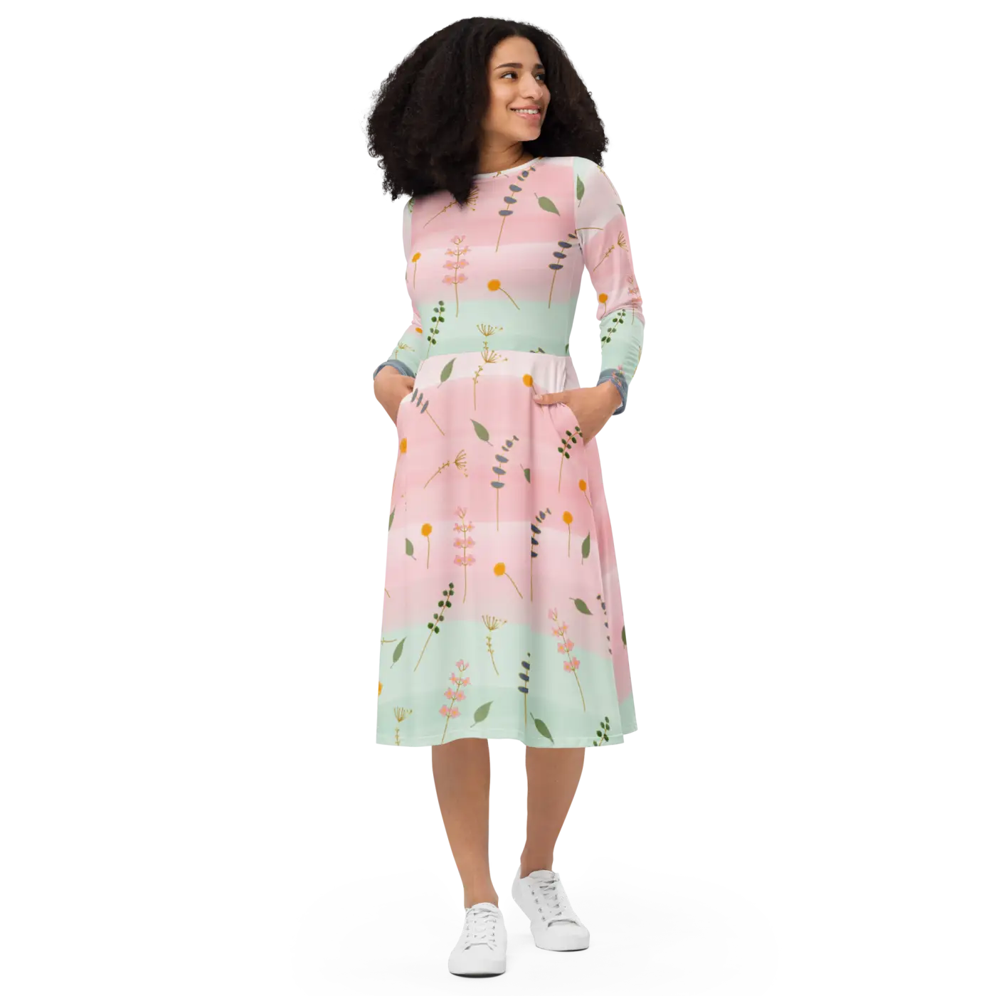 Pink and Green Floral Dress - Long Sleeve Midi Style - DipaliZ