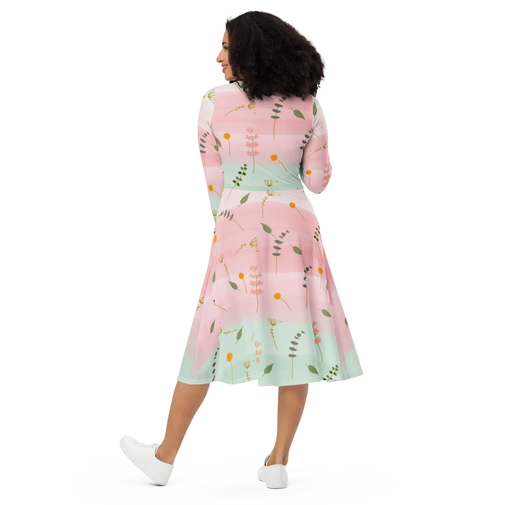 Pink and Green Floral Dress - Long Sleeve Midi Style - DipaliZ