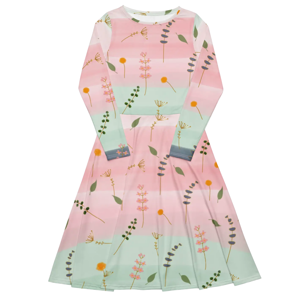 Pink and Green Floral Dress - Long Sleeve Midi Style - DipaliZ