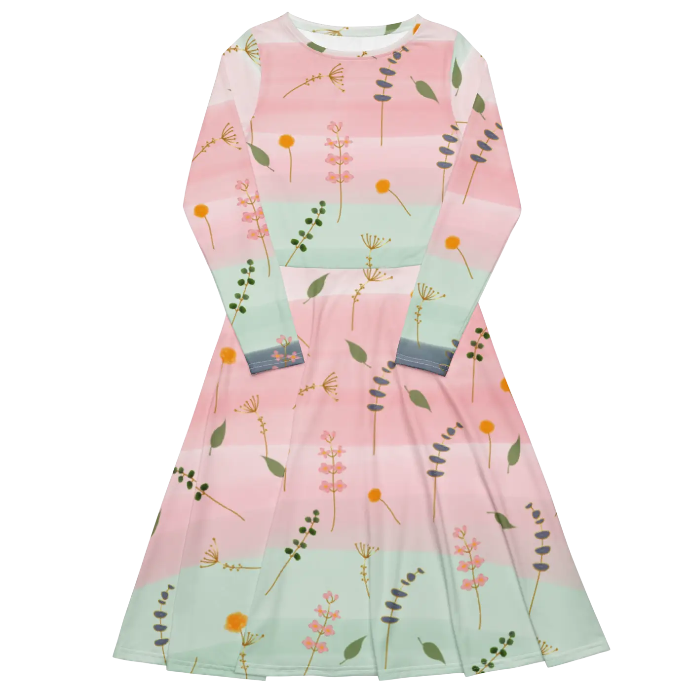 Pink and Green Floral Dress - Long Sleeve Midi Style - DipaliZ
