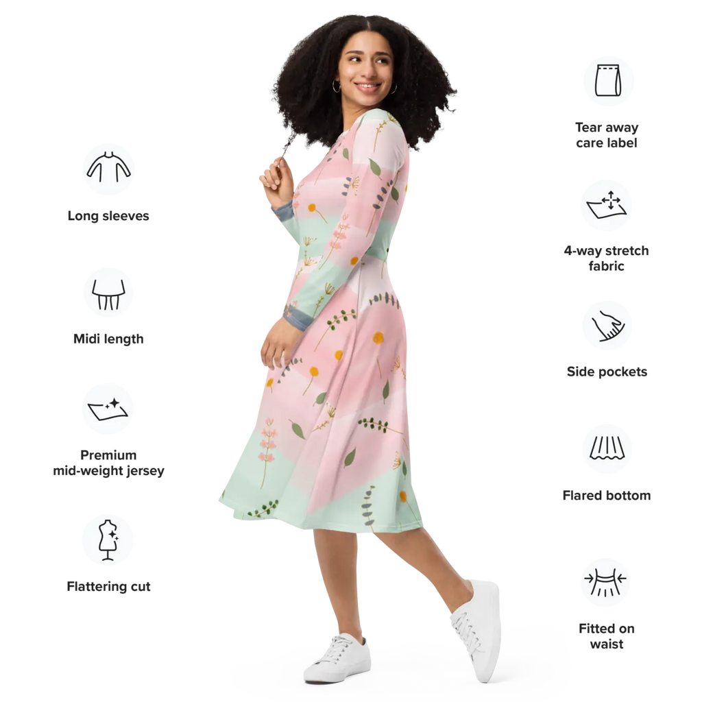 Pink and Green Floral Dress - Long Sleeve Midi Style - DipaliZ