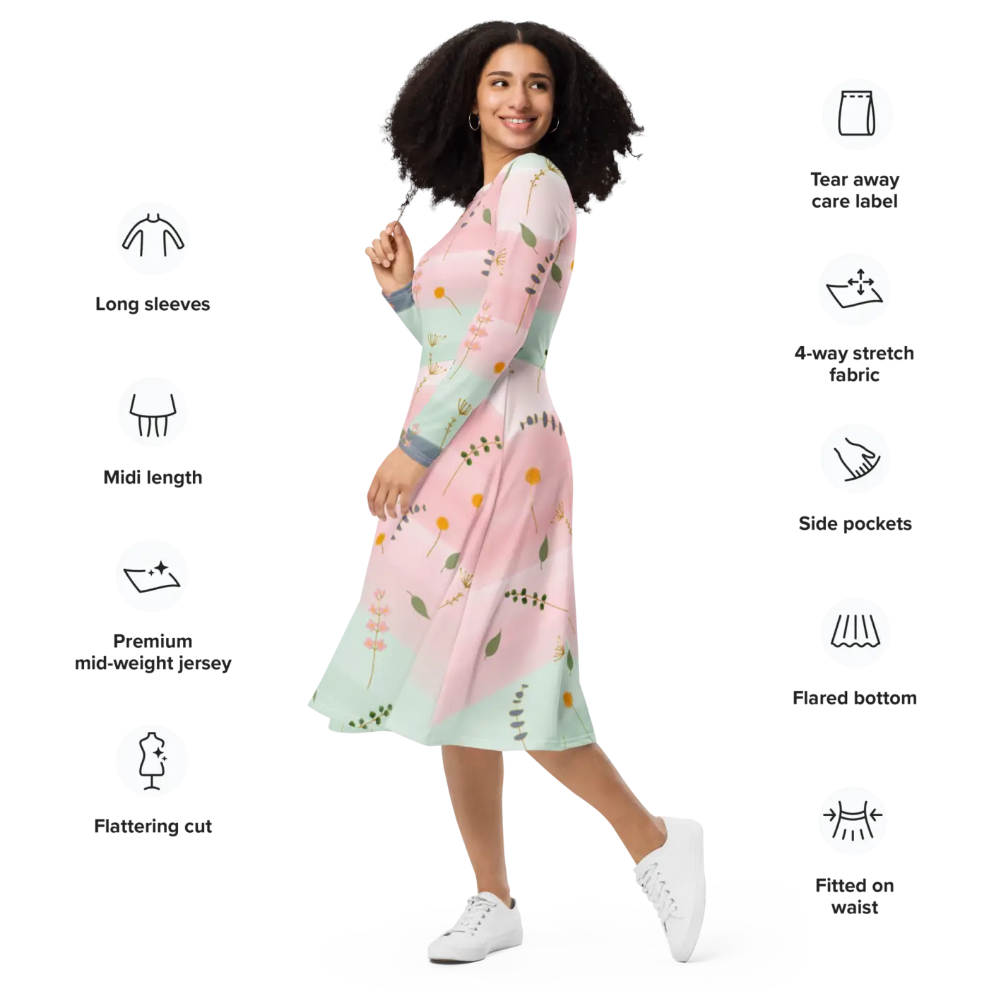 Pink and Green Floral Dress - Long Sleeve Midi Style - DipaliZ