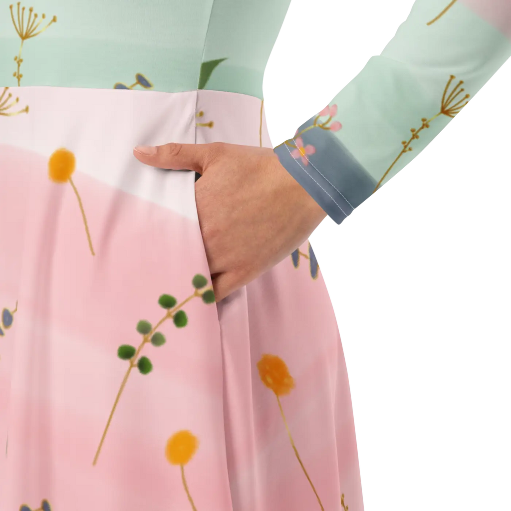Pink and Green Floral Dress - Long Sleeve Midi Style - DipaliZ