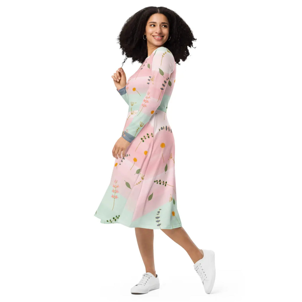 Pink and Green Floral Dress - Long Sleeve Midi Style - DipaliZ
