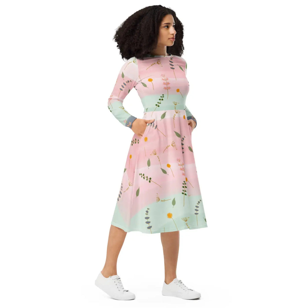 Pink and Green Floral Dress - Long Sleeve Midi Style - DipaliZ