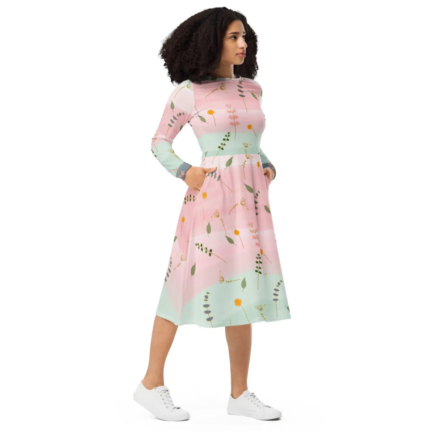 Pink and Green Floral Dress - Long Sleeve Midi Style - DipaliZ