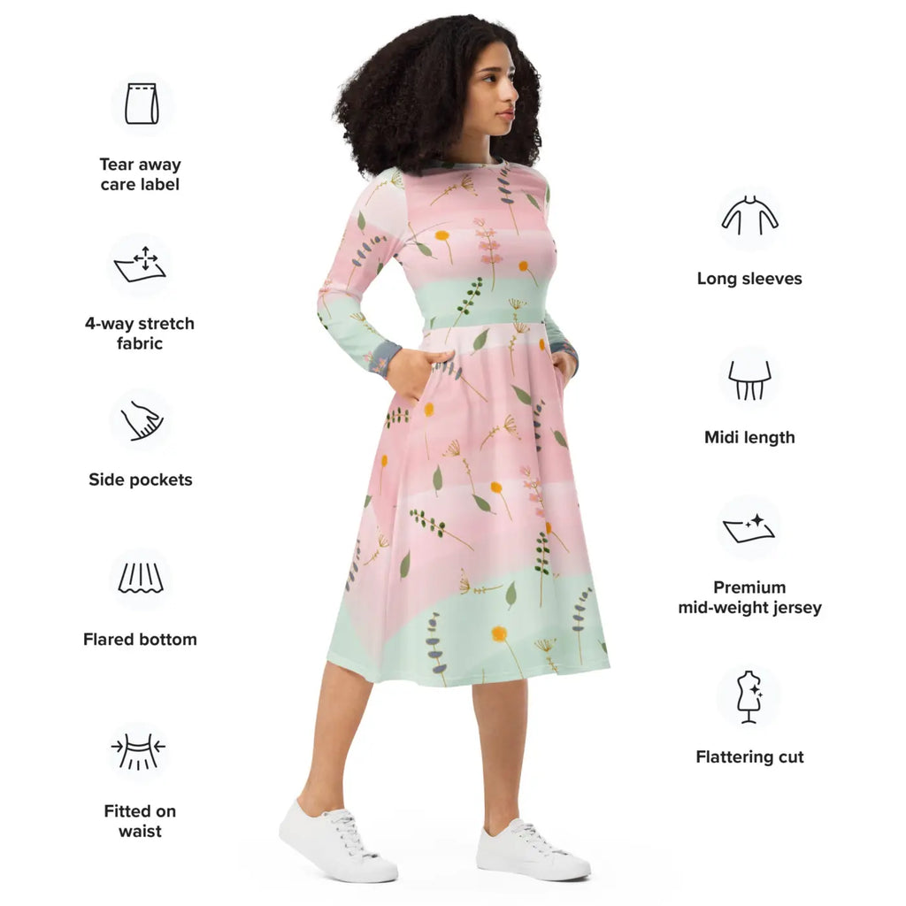 Pink and Green Floral Dress - Long Sleeve Midi Style - DipaliZ