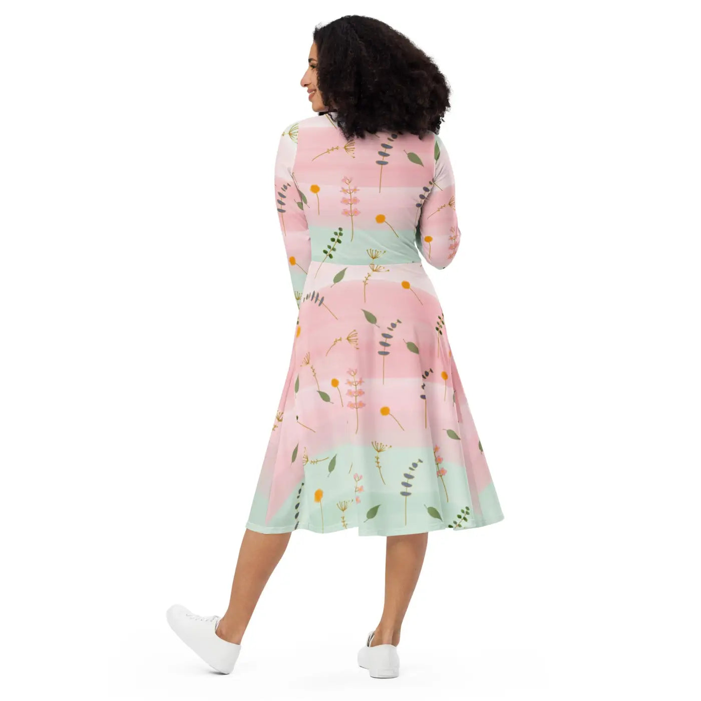 Pink and Green Floral Dress - Long Sleeve Midi Style - DipaliZ