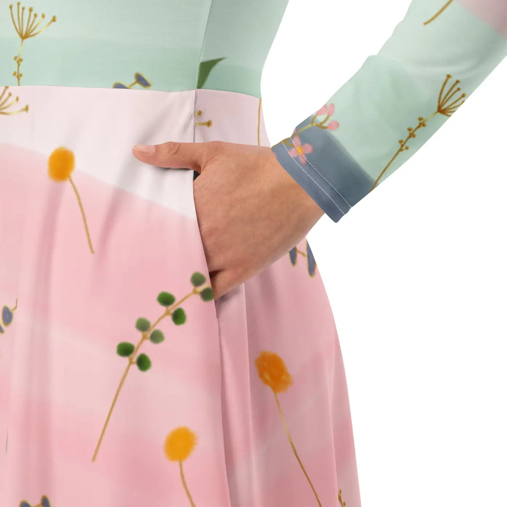 Pink and Green Floral Dress - Long Sleeve Midi Style - DipaliZ