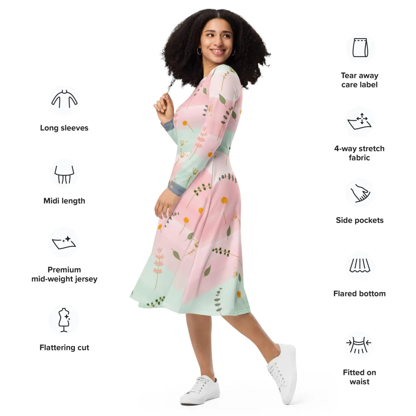 Pink and Green Floral Dress - Long Sleeve Midi Style - DipaliZ