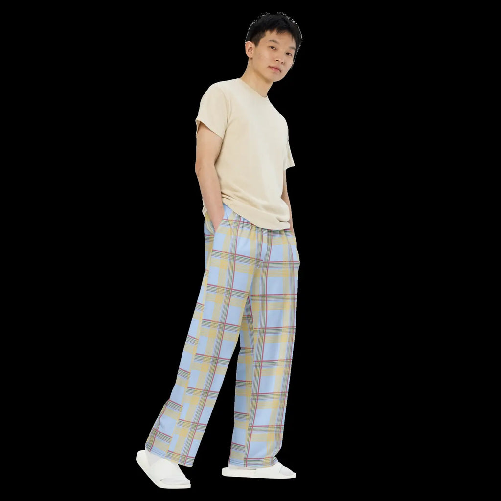 Wide Leg Pants - Blue Checkered Polyester Elastane - DipaliZ