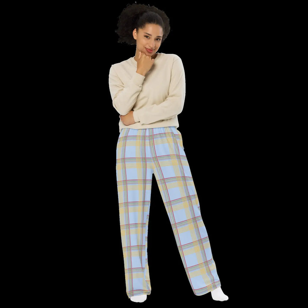 Wide Leg Pants - Blue Checkered Polyester Elastane - DipaliZ