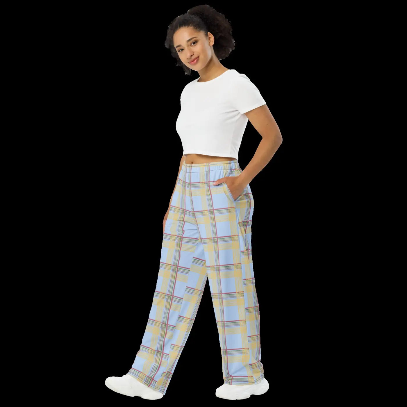 Wide Leg Pants - Blue Checkered Polyester Elastane - DipaliZ