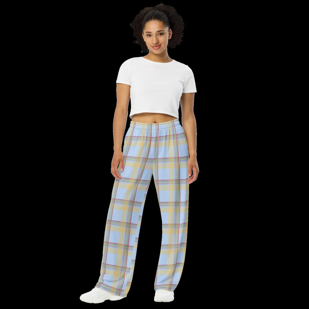 Wide Leg Pants - Blue Checkered Polyester Elastane - DipaliZ
