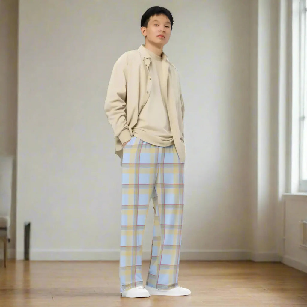 Wide Leg Pants - Blue Checkered Polyester Elastane - DipaliZ