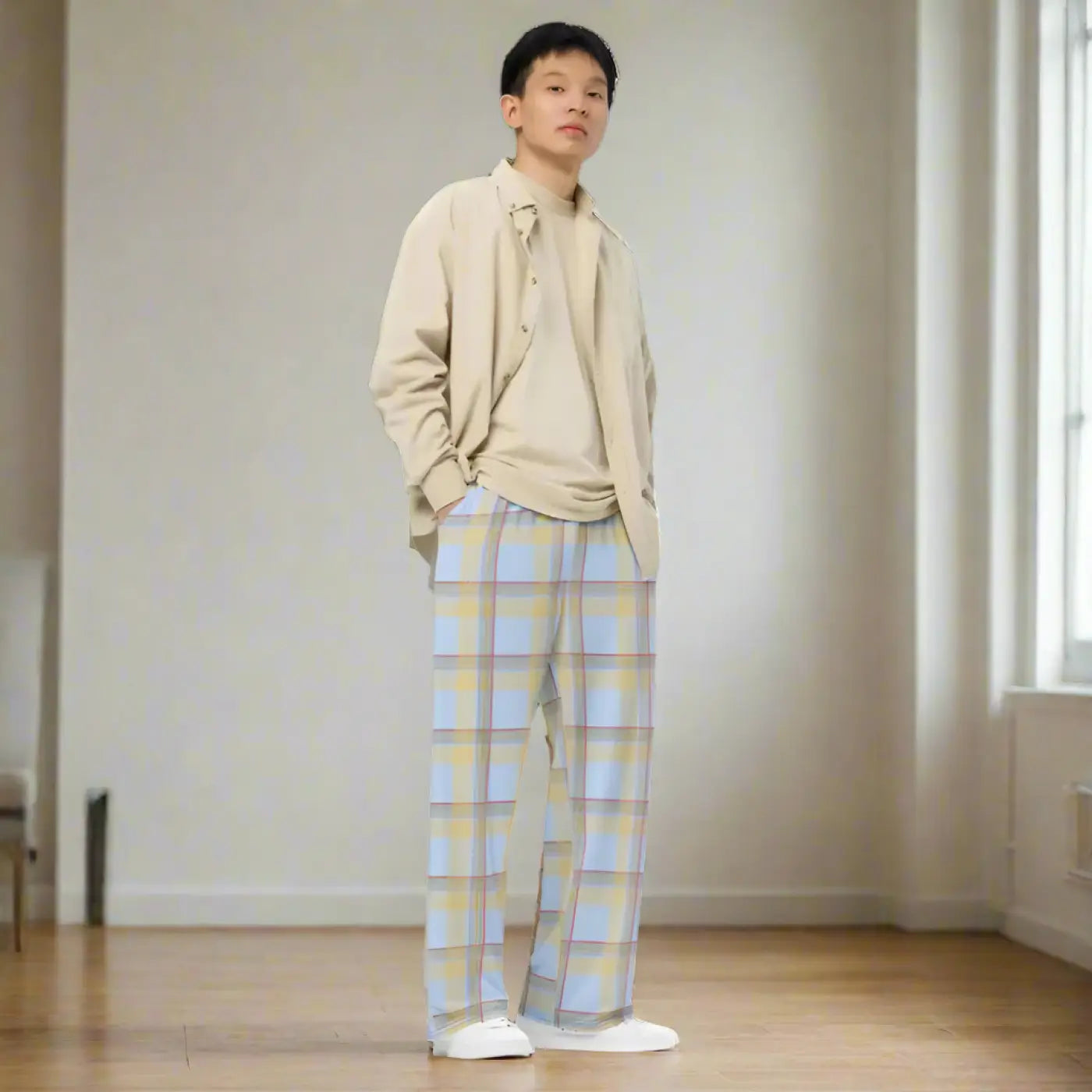 Wide Leg Pants - Blue Checkered Polyester Elastane - DipaliZ