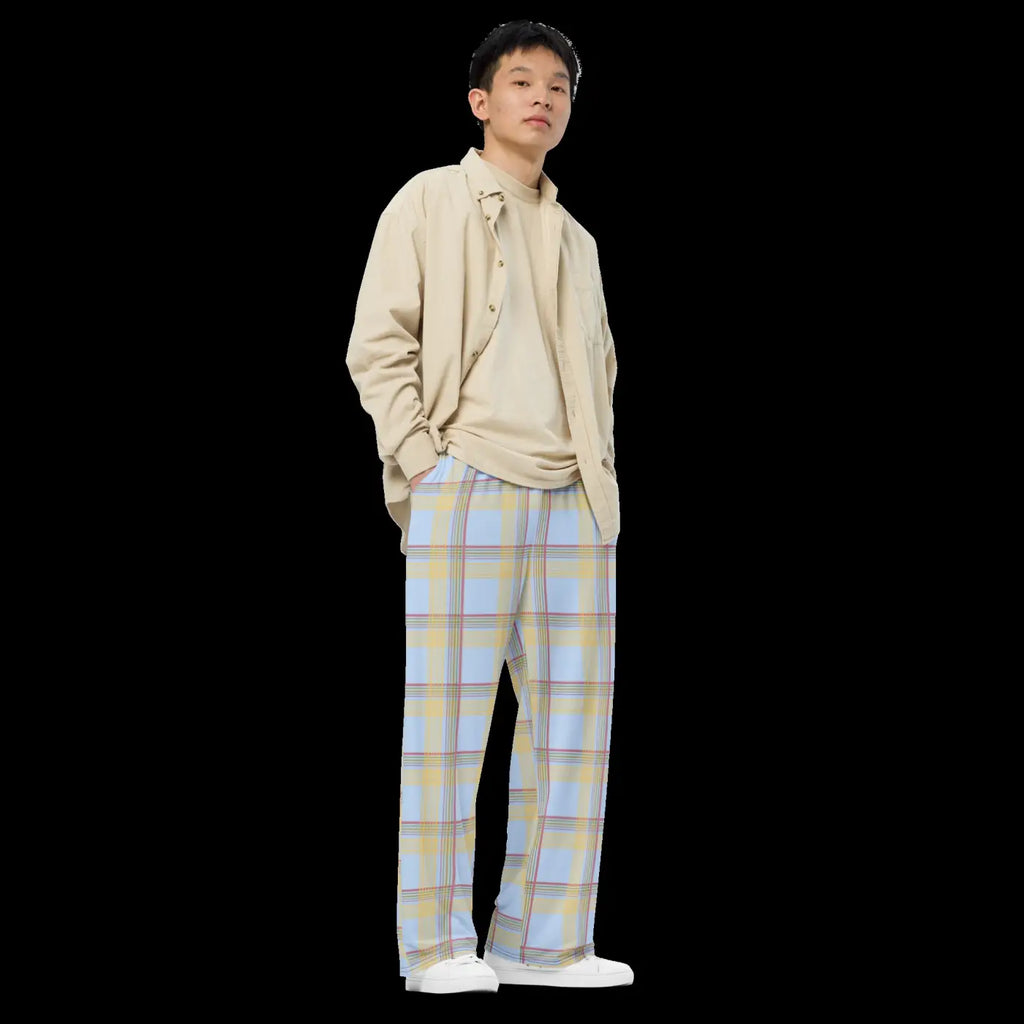Wide Leg Pants - Blue Checkered Polyester Elastane - DipaliZ